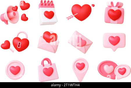 icônes d'amour 3d. Médias sociaux divers symboles avec des coeurs. Message, mégaphone et bulles de parole. Saint Valentin, mariage, ensemble vectoriel romantique de pithy Illustration de Vecteur