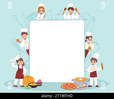 Bannière amusante de cuisine pour enfants. Enfants en uniforme de chef, préparation de nourriture atelier affiche vide ou diplôme. Petits chefs professionnels arrière-plan vectoriel snugly Illustration de Vecteur