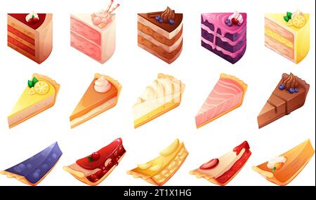 Tranches de tartes de dessin animé. Cheesecake tranches portion de tarte éponge au citron, pâtisserie couche de gâteau avec différentes garnitures tiramisu custard aux fruits meringue pâtisserie, illustration vectorielle de dessert sucré Illustration de Vecteur