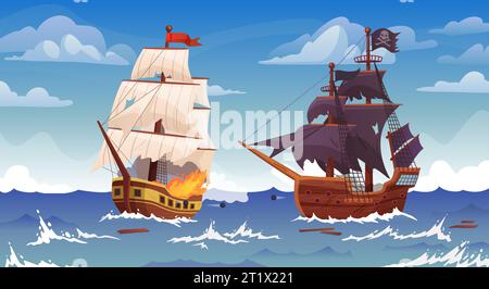 Bataille de navires. Navires de mer guerre, vieux canon de bateau brigantine pirate tirant à la frégate ou galion dessin animé bateau naufrage marine batailles jeu d'aventure, illustration vectorielle ingénieuse Illustration de Vecteur