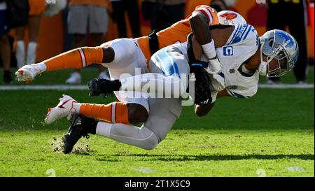 Tampa, États-Unis. 15 octobre 2023. Le cornerback Jamel Dean (35) des Buccaneers de Tampa Bay attaque le receveur large Amon-Ra St. des Detroit Lions Brown (14) en première mi-temps au Raymond James Stadium de Tampa, Floride, le dimanche 15 octobre 2023. Photo de Steve Nesius/UPI crédit : UPI/Alamy Live News Banque D'Images