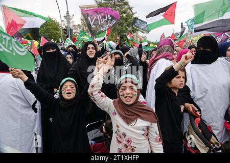 Diyarbakir, Turquie. 15 octobre 2023. Des enfants avec la Palestine peints des drapeaux sur leur visage sont vus lors d'un rassemblement en solidarité avec la Palestine à Diyarbakir de Station HUDA-par à Diyarbakir. Israël a protesté lors d'un rassemblement en soutien à l'opération inondation d'Al-Aqsa, organisé par le Parti de la cause libre (HUDA-par) à Diyarbakir, la ville avec la plus grande population kurde de Turquie. Crédit : SOPA Images Limited/Alamy Live News Banque D'Images