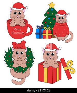 Ensemble de personnages de dessin animé de Noël et du nouvel an Cat. Chatons mignons dans la tasse et dans la boîte-cadeau, couronne, arbre de Noël. Illustration vectorielle à plat. Illustration de Vecteur