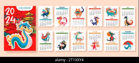 Dragon, calendrier dragon blanc ou planificateur A4 pour 2024 avec simbol chinois de dessin animé, symbole du nouvel an, hiéroglyphes mignons - couverture et 12 pages mensuelles. Semaine Illustration de Vecteur