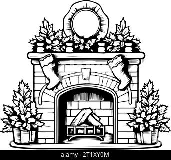 Cheminée de Noël décorée de branches de sapin et de bas. Coloriage de Noël. Illustration de Vecteur