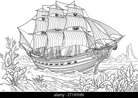 Ancien navire coulé. Coloriage d'un navire avec des voiles Illustration de Vecteur