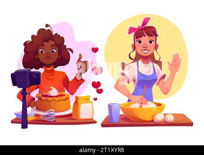Cours de cuisine en ligne - ensemble d'illustrations vectorielles de dessins animés de deux jeunes femmes préparent des pâtisseries et les enregistrent sur vidéo pour blog alimentaire. Les filles démontrent tutoriel de faire de la pâte et de cuire le gâteau. Illustration de Vecteur