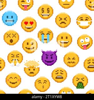 Fond de motif transparent emoji pixel, émoticône vectoriel 8 bits et expressions de visage. Émoji drôle ou mignon Kawaii sourit avec rire ou émotion d'amour, diable et sourire en colère ou fou dans le motif de pixel Illustration de Vecteur