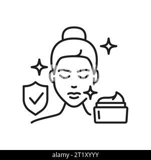 Icône de visage de crème et de femme, crème hydratante de protection de la peau de visage, vecteur de ligne. Pot de crème, bouclier de protection et pictogramme linéaire visage de femme pour peau sensible, soin de la peau et icône de crème visage de beauté Illustration de Vecteur