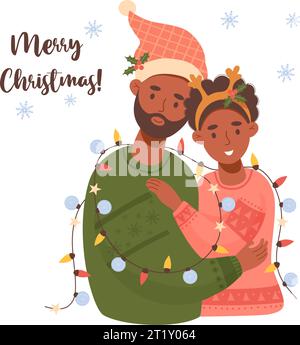 Joyeux Noël. Heureux jeune couple noir ethnique avec guirlande festive. Illustration vectorielle. Personnages mignons du nouvel an Illustration de Vecteur