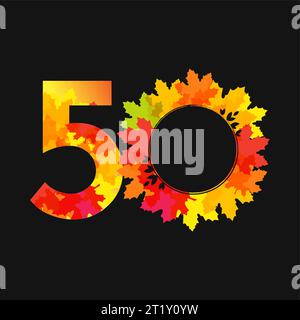 Automne numéro 50. Logo de soldes d'automne. Titre créatif. Couronne de vacances avec des feuilles rouges, oranges et jaunes. Symbole saisonnier. Coupon de prix. Jusqu'à 50 % Illustration de Vecteur