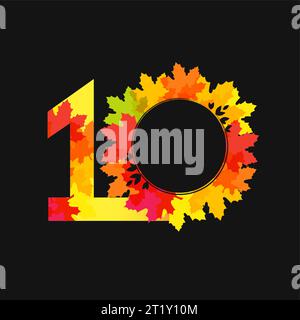 Automne numéro 10. Logo de soldes d'automne. Septembre, octobre, novembre 10 titre du calendrier. Couronne de vacances avec des feuilles rouges, oranges et jaunes. Symbole saisonnier. Illustration de Vecteur