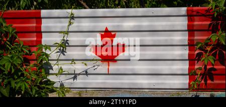 Le concept de drapeau national sur le fond de la structure de conteneur en métal, Canada. Banque D'Images
