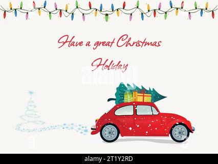 Illustration de voiture rouge avec arbre de noël et lumières colorées avec avoir de grandes vacances de noël Banque D'Images