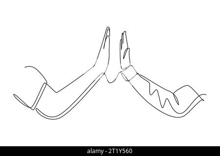 Un seul trait dessinant deux hommes donnant de hautes mains gestuelles portant des vêtements de bureau pour célébrer le succès. Concept de travail d'équipe d'entreprise. Continu moderne Banque D'Images