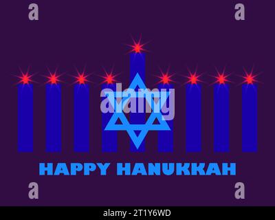 Joyeux Hanukkah. Neuf bougies Hanukkah avec l'étoile de David. Bougies Chanukah allumées avec une lueur lumineuse. Conception de cartes de vœux, bannières et promo Illustration de Vecteur