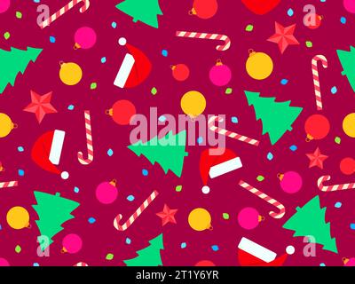 Modèle sans couture de Noël avec chapeaux de Père Noël, sapins, boules de Noël et sucette. Décorations de sapin de Noël. Design de vacances pour l'impression, emballage p Illustration de Vecteur