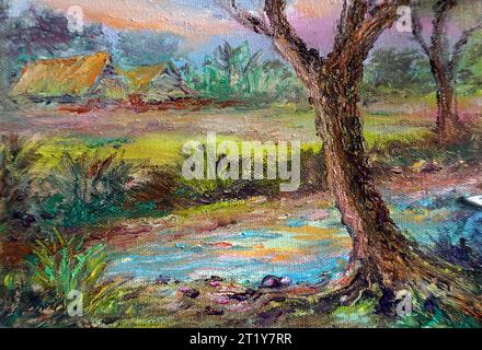 peint à la main original impressionnisme chefs-d'œuvre peintre art contemporain peinture à l'huile campagne thaïlande paysage campagne Banque D'Images
