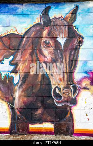 Graffiti en bord de mer sur une digue à Herne Bay sous la forme d'une peinture très détaillée d'un cheval avec des trous transparents, face au spectateur. Peint par une jeune femme inconnue, le tableau fait partie d'une série liée par un horizon commun le long du mur. Banque D'Images