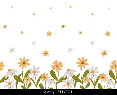 Jolie bordure sans couture avec de simples fleurs de Marguerite. Coupon avec camomille dans le style scandinave. Fleurs minuscules stylisées, illustration numérique pour cartes Banque D'Images