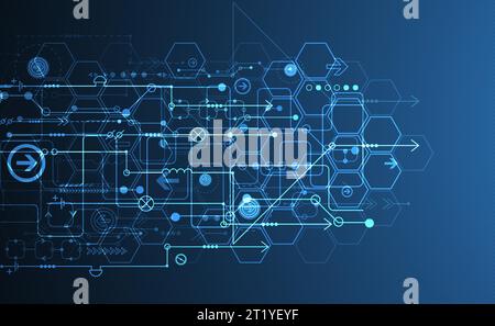 Carte de circuit imprimé abstraite et hexagones sur fond de couleur bleu foncé. Concept de technologie numérique high-tech. Illustration de Vecteur