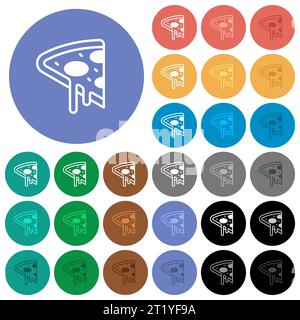 Icônes plates multicolores de tranche de pizza sur des fonds ronds. Inclus des variations d'icônes blanches, claires et sombres pour les effets de survol et d'état actif, et bon Illustration de Vecteur