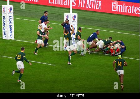 Saint Denis, France. 15 octobre 2023. Julien Mattia/le Pictorium - France - Afrique du Sud - coupe du monde de rugby - 15/10/2023 - France/Seine-Saint-Denis/Saint-Denis - Try d'Eben Etzebeth lors du match de quart de finale de coupe du monde de rugby entre la France et l'Afrique du Sud au Stade de France, Paris, le 15 octobre 2023. Crédit : LE PICTORIUM/Alamy Live News Banque D'Images