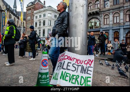 15 octobre, Amsterdam. La communauté palestinienne des pays-Bas a organisé une marche dans le centre de la ville pour condamner le gouvernement israélien et exprimer sa solidarité avec le peuple palestinien. Pendant le rassemblement, environ 10 000 manifestants ont brandi des drapeaux palestiniens et porté des banderoles, envoyant un message puissant de solidarité avec Gaza et le peuple palestinien. Banque D'Images