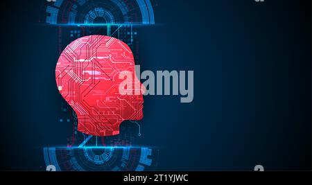 Contexte abstrait sur le thème de l'intelligence artificielle. Forme de tête rouge avec des éléments technologiques à l'intérieur du contour. Illustration de Vecteur