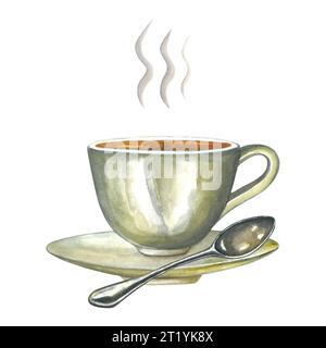 Composition aquarelle d'illustrations d'une tasse de thé sur une soucoupe, avec une cuillère en métal et de la vapeur. Isolé sur fond blanc, dessiné à la main Banque D'Images