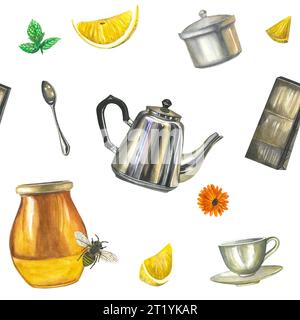 Motif aquarelle sur le thème de la consommation de thé - théière en métal, cuillère, sucrier, pot de miel, sachet de thé, tasse et soucoupe, tranches de citron, menthe, calendula Banque D'Images