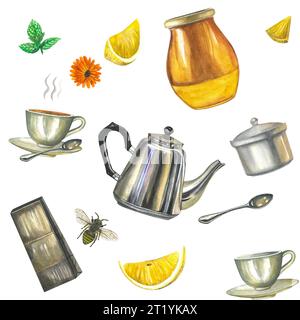 Motif aquarelle - thé, tasse avec soucoupe, théière, pot de miel, citron, menthe, calendula, abeille Banque D'Images