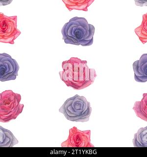 Illustration à l'aquarelle de roses roses roses et lilas - Seamless pattern.Isolated sur un fond blanc, dessiné à la main Banque D'Images