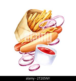 composition à l'aquarelle avec restauration rapide, illustration dessinée à la main de tranches d'oignon, hot dog, pommes de terre frites dans un paquet artisanal, tomates rouges isolat Banque D'Images