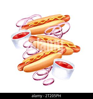 composition d'aquarelle avec restauration rapide, illustration dessinée à la main de tranches d'oignon, hot dog, tomates rouges souris isolé sur fond blanc, croquis fo Banque D'Images