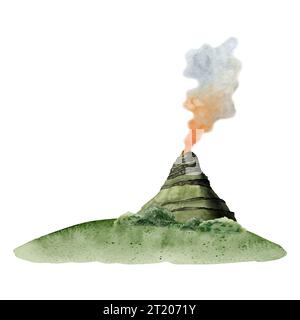 Paysage de nature sauvage avec volcan actif avec fumée, colline verte et buissons aquarelle Illustration isolé sur blanc Banque D'Images