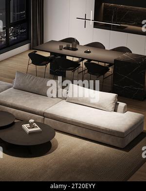Salon intérieur minimaliste moderne avec grand canapé modulable, vue nocturne sur la ville et îlot de cuisine en marbre. rendu 3d. Illustration 3D de haute qualité Banque D'Images