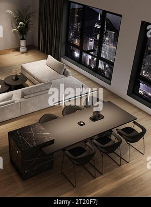 Salon intérieur minimaliste moderne avec grand canapé modulable, vue nocturne sur la ville et îlot de cuisine en marbre. rendu 3d. Illustration 3D de haute qualité Banque D'Images