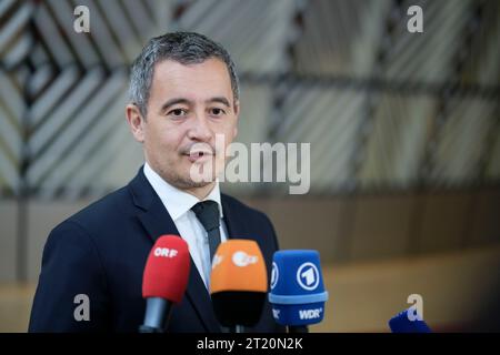 Belgique, Bruxelles : le ministre français de l'intérieur Gerald Darmanin avant une réunion des ministres européens de la Justice et des Affaires intérieures sur de Banque D'Images