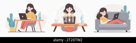 Une femme travaille sur un ordinateur portable. Montant simple. Travailler à la maison. Collection d'illustrations vectorielles. Illustration de Vecteur