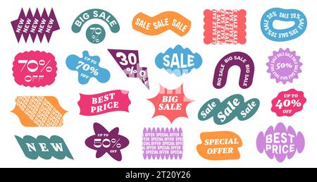 Solde autocollants modernes. Étiquettes minimalistes abstraites avec des formes géométriques à la mode, autocollants de bannière plate avec prix réduit. Collection vectorielle Illustration de Vecteur