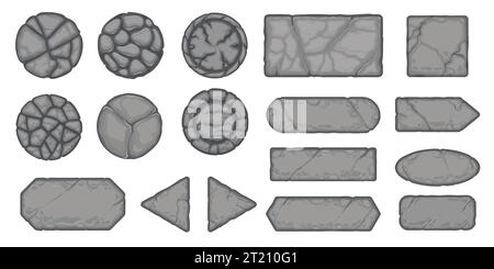 Boutons du menu Stone. Éléments d'interface utilisateur de frontière fissurée médiévale, vieilles icônes de cadre de bloc de granit pour l'interface utilisateur d'application mobile. Ensemble isolé de vecteur Illustration de Vecteur