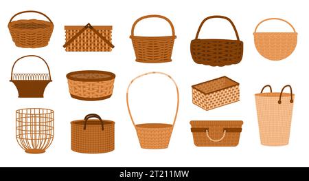 Paniers en osier. Conteneurs de paille tissés faits à la main pour les courses, paniers de pique-nique ruraux traditionnels pour l'emballage écologique. Jeu de vecteurs Illustration de Vecteur