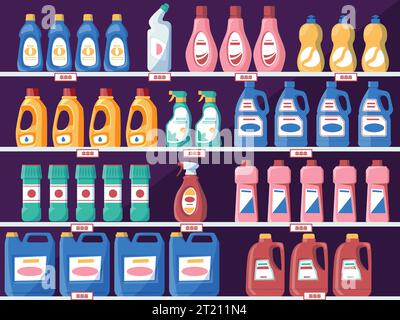 Clayettes avec bouteilles de détergent. Étagères d'épicerie avec poudre de savon liquide, produits de nettoyage ménagers. Concept de supermarché Vector Illustration de Vecteur