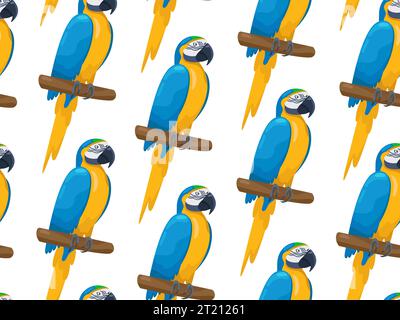 Motif sans couture d'aras tropicaux lumineux. Impression vectorielle avec des perroquets ara drôles de dessin animé assis sur des branches. Oiseaux exotiques colorés plats. Bon pour T. Illustration de Vecteur