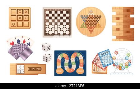 Collection de différents jeux de table avec des planches en bois ou illustration vectorielle en papier isolé sur fond blanc Illustration de Vecteur