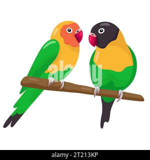 Mignon vecteur plat perroquets d'amour assis sur une branche isolée sur fond blanc. Petits tourtereaux verts et jaunes. Parler des oiseaux réalistes. Domestique Illustration de Vecteur