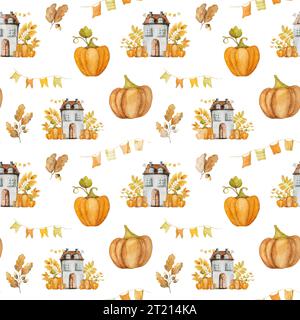 Motifs sans couture peints à la main à l'aquarelle. Adorables maisons d'automne avec des feuilles et des citrouilles Banque D'Images