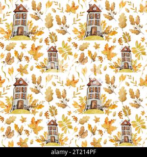 Motifs sans couture peints à la main à l'aquarelle. Adorables maisons d'automne avec des feuilles et des citrouilles Banque D'Images