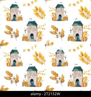 Motifs sans couture peints à la main à l'aquarelle. Adorables maisons d'automne avec des feuilles et des citrouilles Banque D'Images